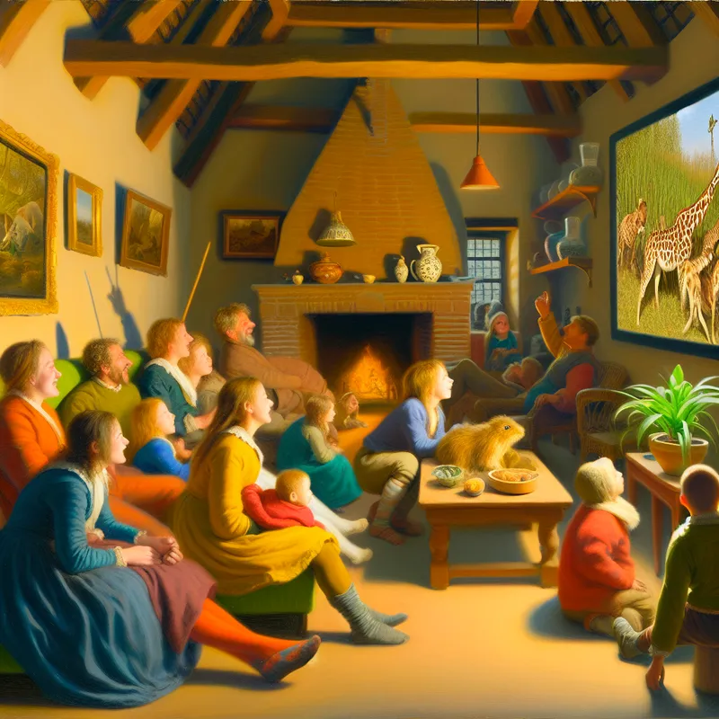 Gezellige familiescene in een woonkamer waar een gezin enthousiast naar een natuurdocumentaire kijkt op televisie.