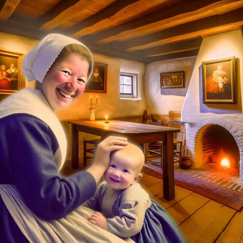 Moeder aait haar kind in een gezellige, rustieke Nederlandse woonkamer met een open haard.