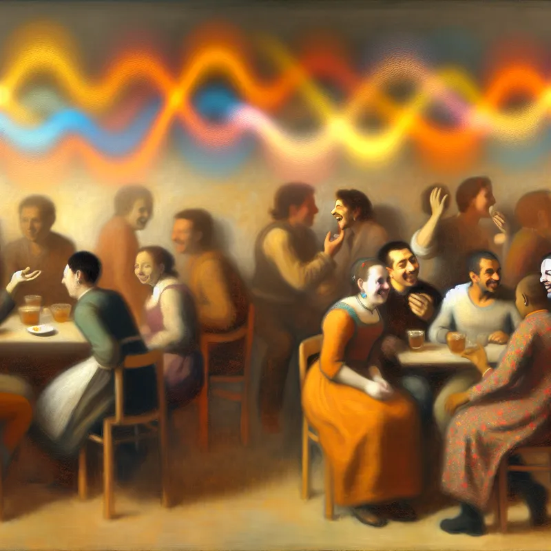 Een gezellige binnenshuis feestscène met lachende mensen die druk in gesprek zijn, omringd door een warme sfeerverlichting.