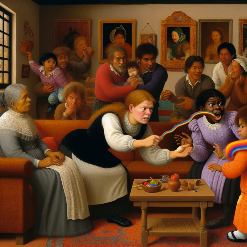 Een ouder moedigt een kind aan om voorzichtig te zijn met een kleurrijk speelgoed tijdens een druk gezinsuitstap in een gezellige woonkamer.