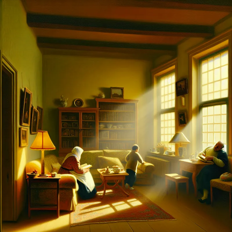 Gezellige gezinswoning verlicht door zacht diffuus zonlicht met een vader die leest en kinderen die spelen. De woonkamer heeft comfortabele meubels en familiefoto's aan de muren.