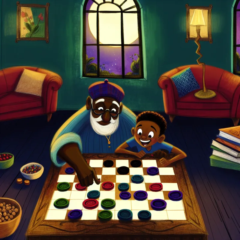 Een kleinzoon leert zijn grootvader dammen spelen op een kleurrijk dambord in een gezellige woonkamer.