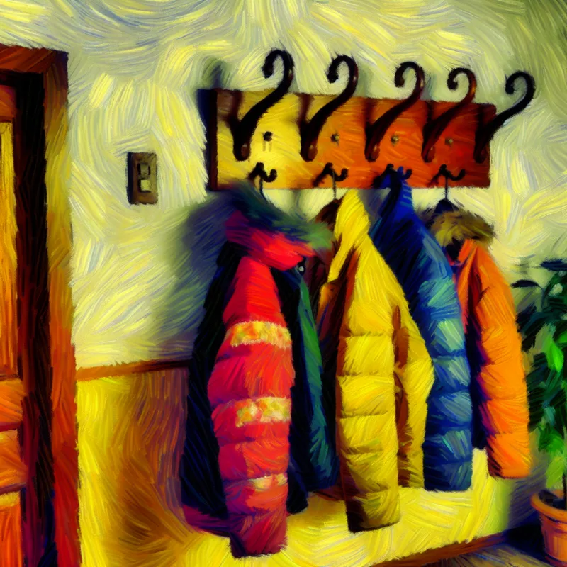 Verwarmende hal met een traditionele kapstok vol kleurrijke jassen, weergegeven in de stijl van Van Gogh.