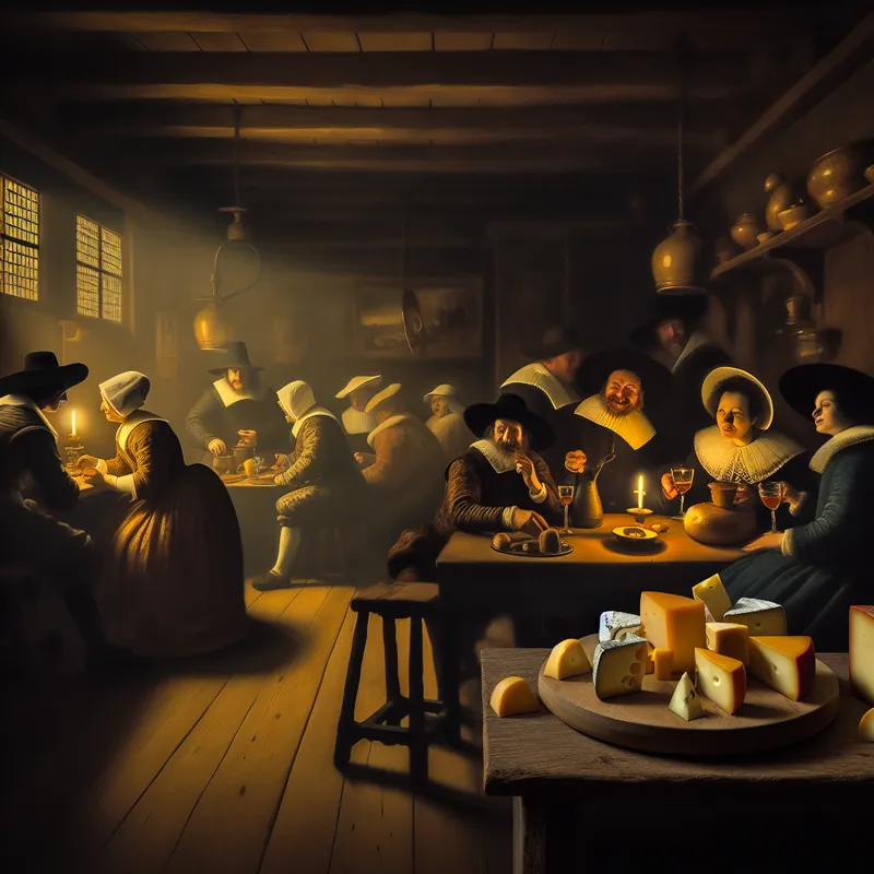 Een gezellig tafereel in een Nederlandse herberg met een houten tafel vol heerlijke kaasje en mensen die genieten van drankjes en gesprekken.