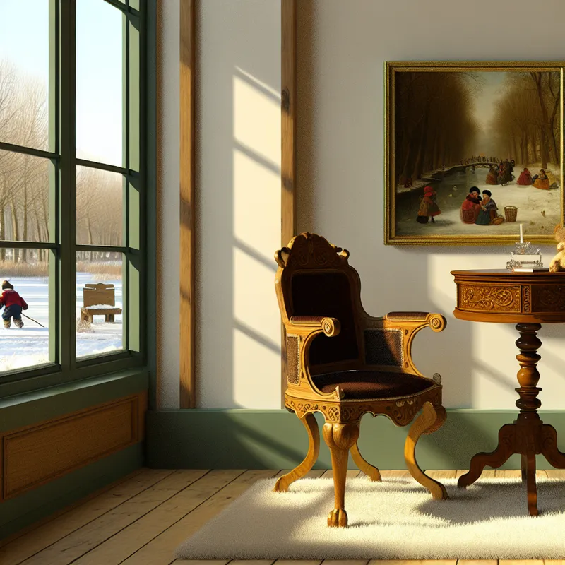 Een gezellige hoek van een woonkamer met een mooie houten stoel, een tafel en een levendig winterlandschap buiten.