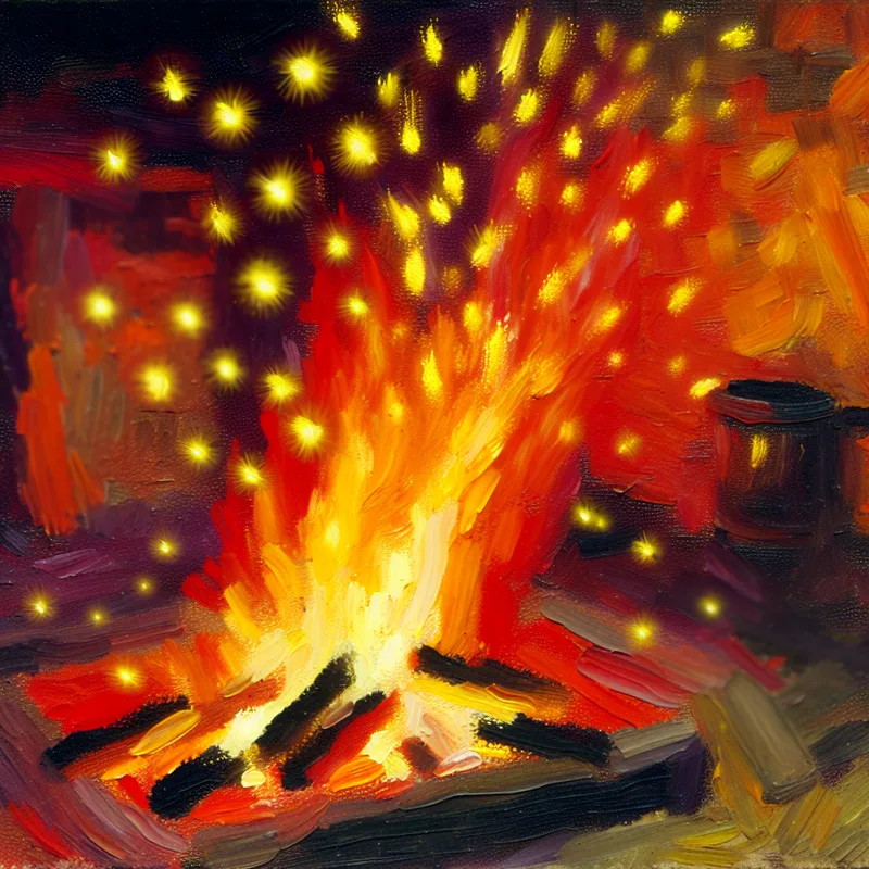 Abstracte expressie van een gezellige houtkachel met levendige vonken die stralen in een chaotische achtergrond van warme kleuren.