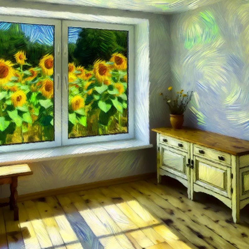 Een gezellige kamer met een groot dubbel glasraam en uitzicht op een kleurrijke zonnebloemen tuin.