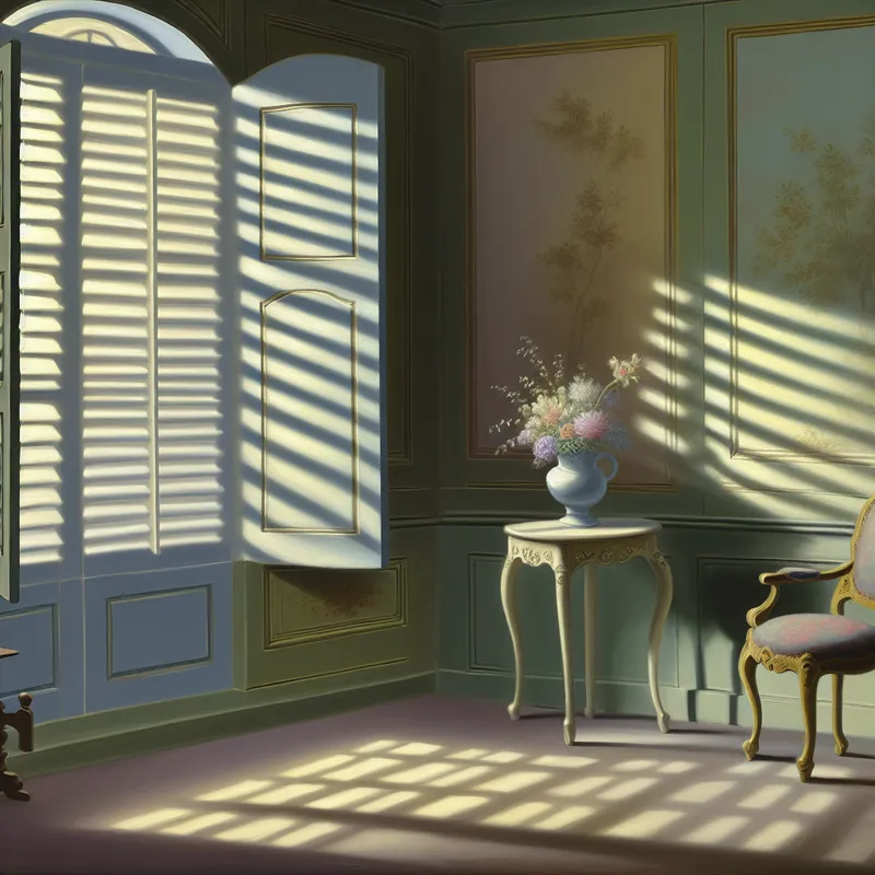 Zachte, serene kamer met pastelgekleurde luiken, een comfortabele stoel, en een vaas met bloemen op een tafeltje.