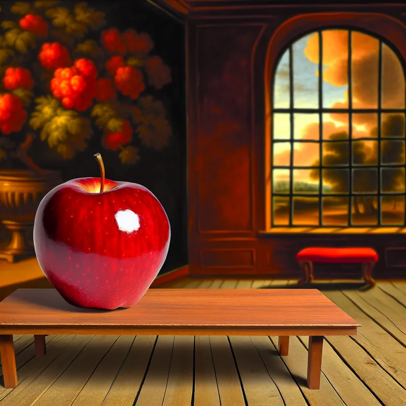 Een houten tafel in een sfeervolle kamer met een glanzende rode appel, omringd door groen en met dramatische luchten zichtbaar achter een raam.