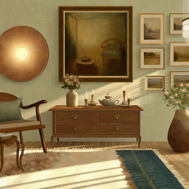 Een gezellige kamer met minimalistisch en charmant ontwerp, inclusief een stijlvolle houten stoel en warme verlichting.