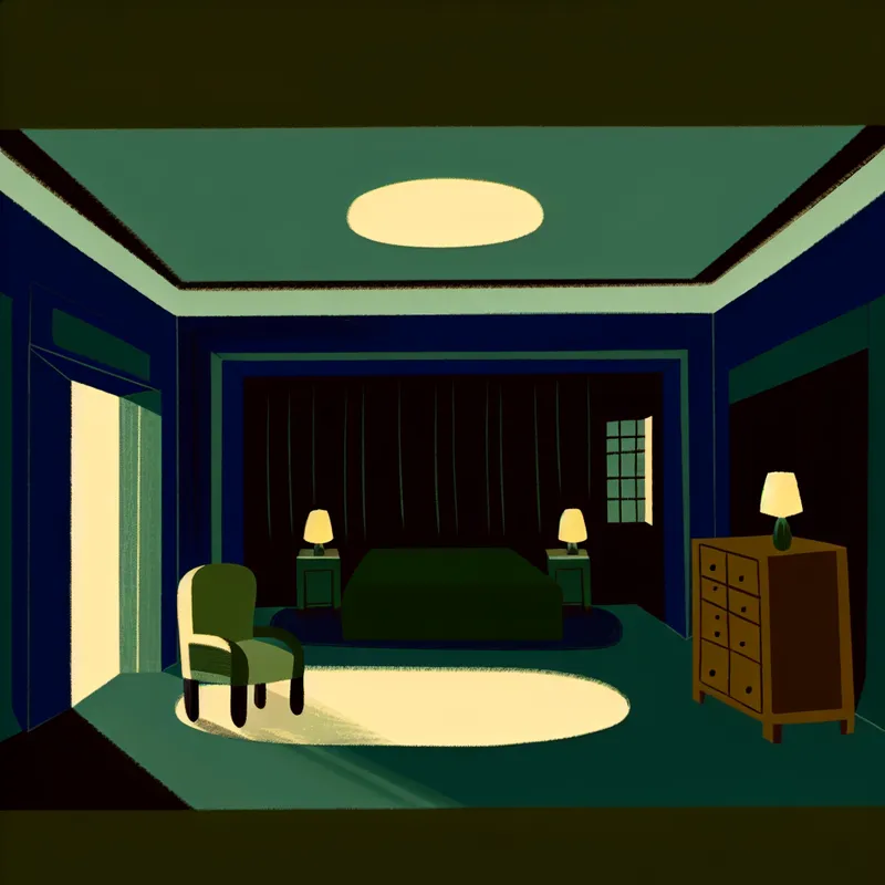 Minimalistische illustratie van een gezellige kamer met donkere tinten zoals marineblauw en smaragdgroen, verlicht door een zachte gloed