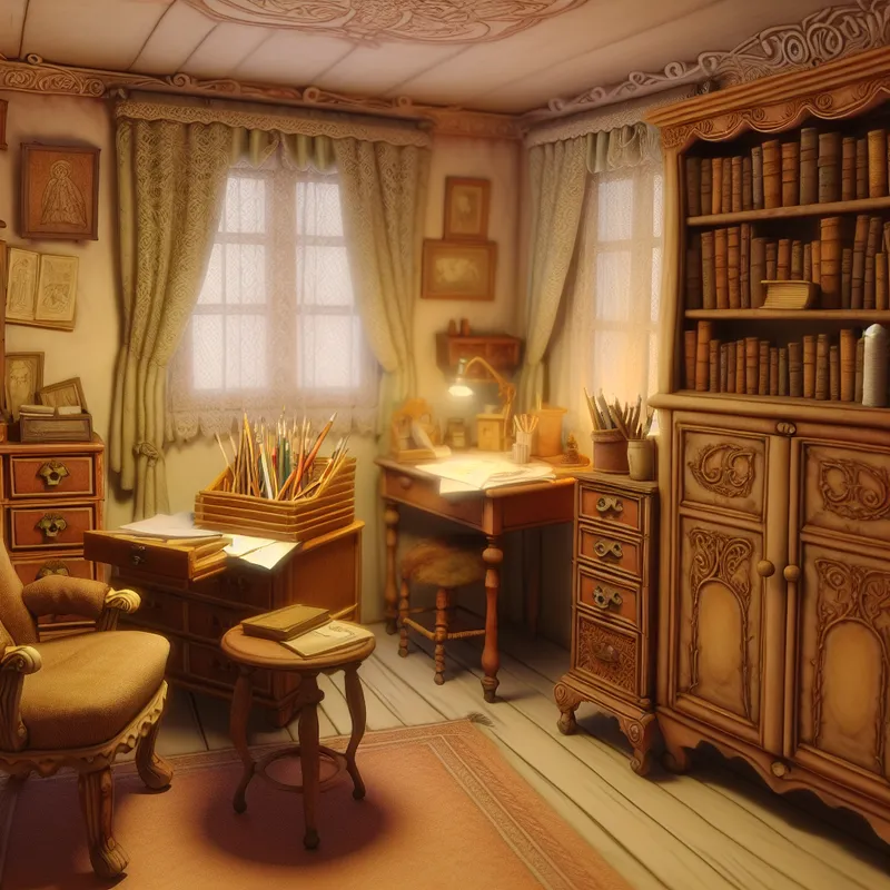 Gezellige kleine kamer met vintage meubels en een warme gloed