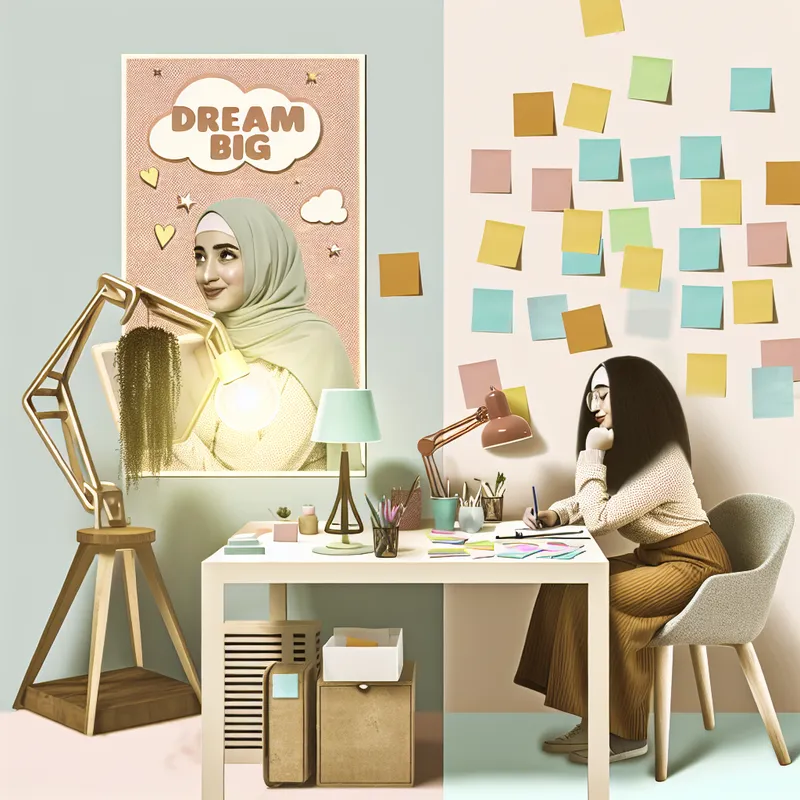 Jonge vrouw brainstormt in een gezellige kantoorruimte met kleurrijke notities voor haar bedrijfsideeën.