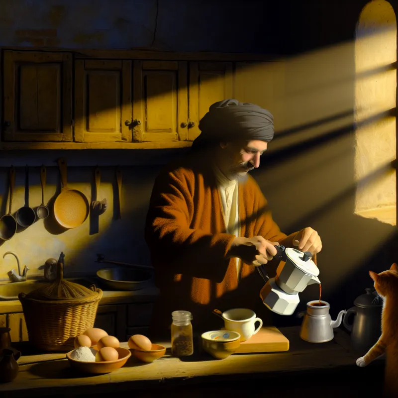 Een warme keuken met een persoon die koffie zet en omringd is door ontbijtingrediënten, met zonlicht dat door het raam stroomt.