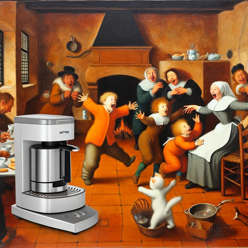 Een gezellige familietafereel in de keuken met een koffiezetapparaat op de aanrecht en lachende gezichten.