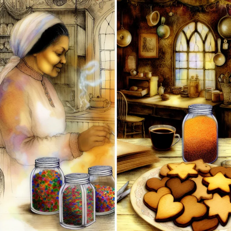 Een moeder bakt blij koekjes in een gezellige keuken, omringd door kleurrijke ingrediënten in glazen potten.