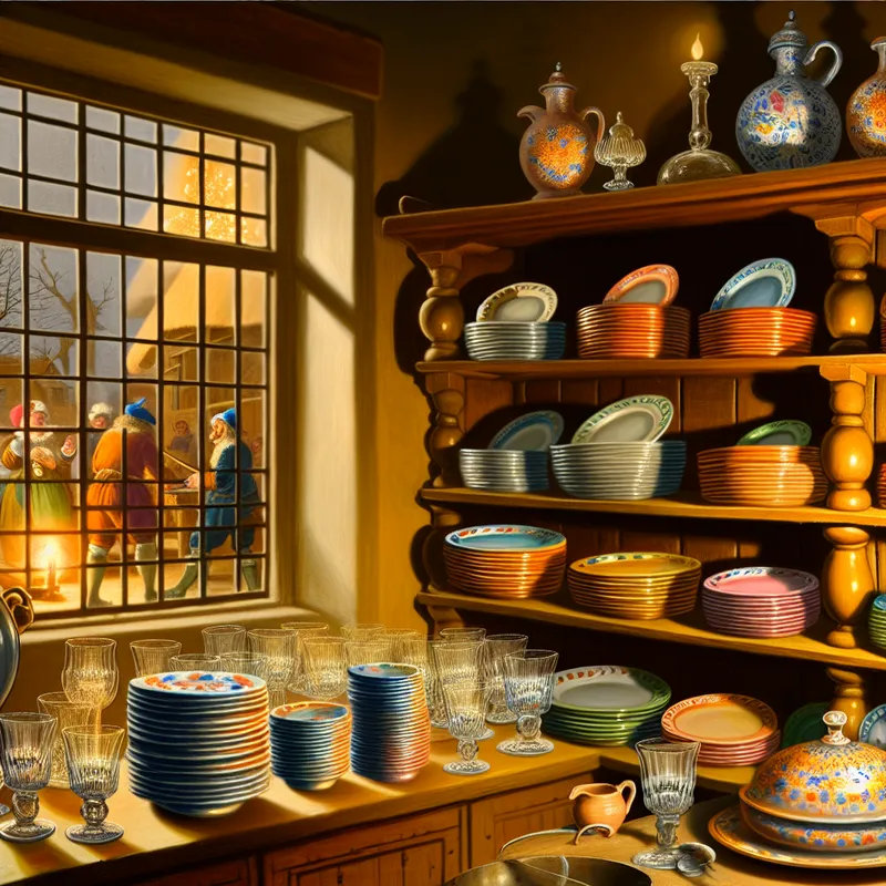 Gezellige keuken met houten stelling vol kleurrijke borden en glazen, verlicht door warm licht.