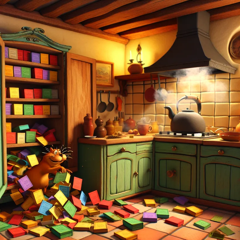 Een levendige keuken met een houten kast vol thee in verschillende dozen, waaronder 'Earl Grey', 'Jasmine' en 'Chai', met kleurrijke theebladeren op het aanrecht en een kat die nieuwsgierig kijkt.