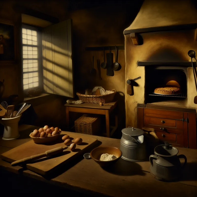 Een traditionele oven in een gezellige keuken, met een cake die aan het rijzen is, omringd door rustieke keukenaccessoires en verse ingrediënten.