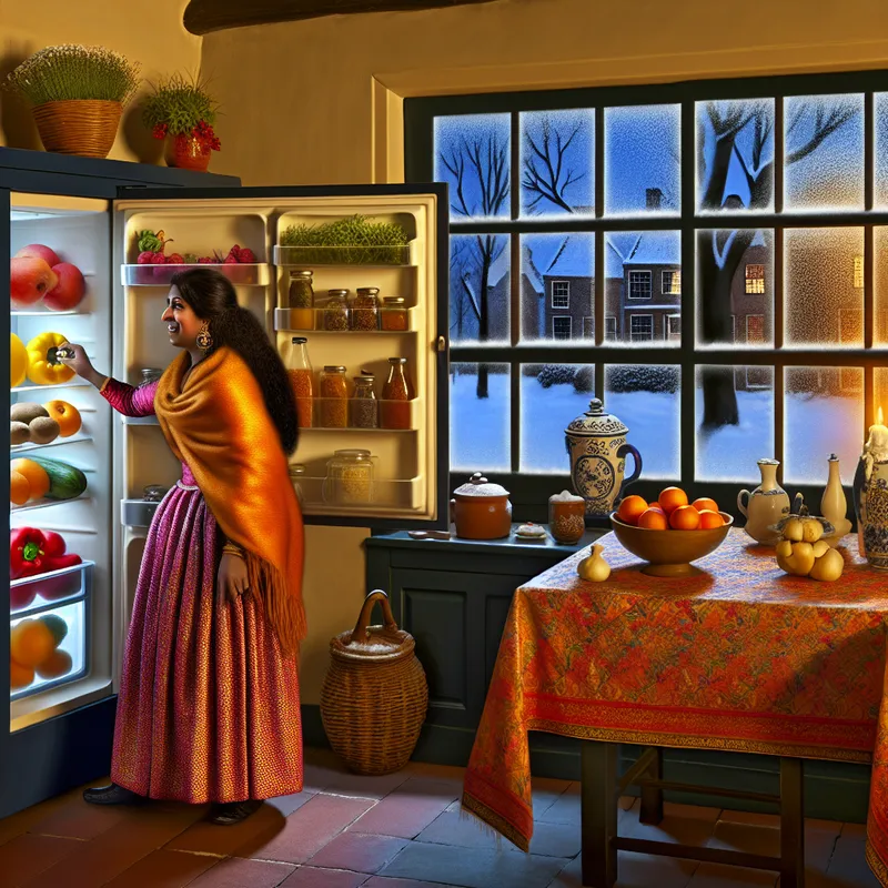 Een persoon kijkt nieuwsgierig in de koelkast van een gezellige Nederlandse keuken, met zicht op kleurrijke voeding en een winters landschap buiten.