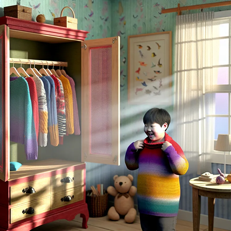 Een kind probeert een grote, kleurrijke trui aan in een gezellige kinderkamer met een open vintage kledingkast vol kleiner geplaatste truien.