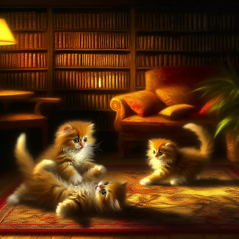 Drie schattige en speelse kittens tussendoor op een zacht tapijt in een gezellige woonkamer.