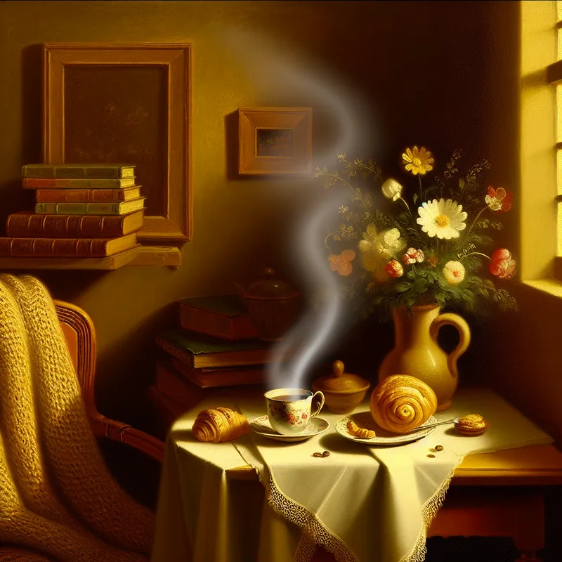 Gezellige koffiehoek in woonkamer met dampende kop koffie, gebakje en verse bloemen in warme sfeer