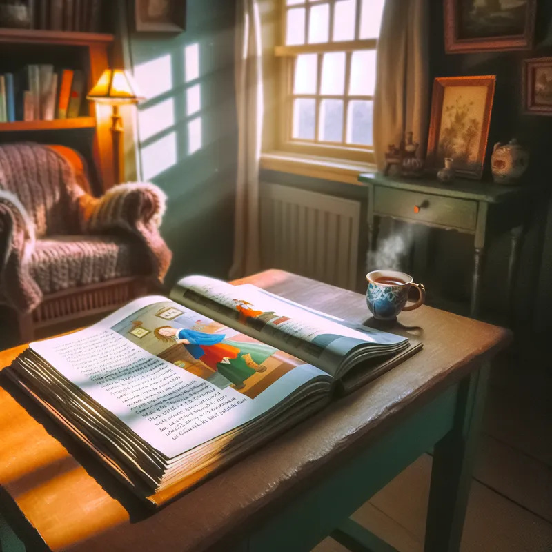 Gezellige leeshoek met houten tafel en open tijdschrift vol kleurrijke illustraties, verwarmd door zacht licht uit het raam.