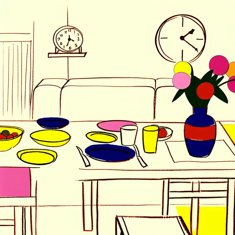 Gezellige eetkamer met een gedekte tafel voor een maaltijd, met kleurrijke borden en een bloemenvaas.