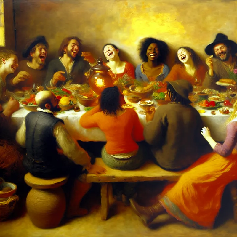 Een groep vrienden deelt een maaltijd rond een rustieke houten tafel, met kleurrijke gerechten en vrolijke interacties.