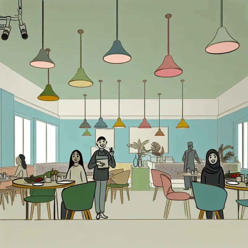 Minimalistisch restaurantinterieur in heldere kleuren met gezellige sfeer en eenvoudige meubels, geïnspireerd op de stijl van Dick Bruna