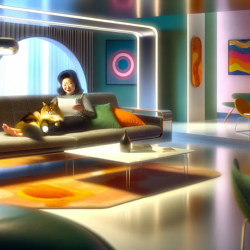 Een gezellige woonkamer met retro-futuristisch ontwerp, een persoon ontspannend op een bank met een kat op schoot.