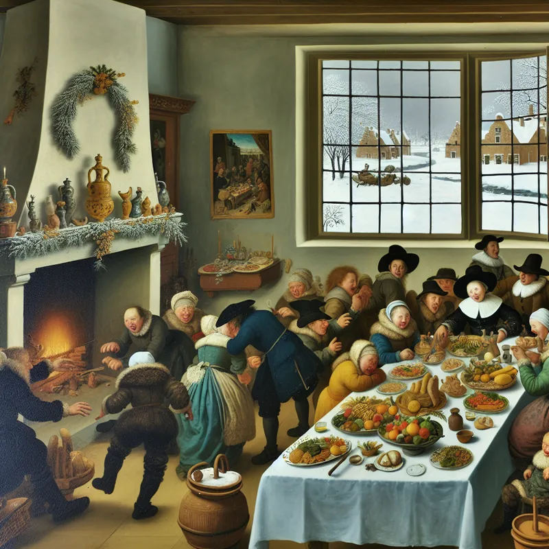 Gezellige Nederlandse familiescene in een woonkamer tijdens de eerste week van januari met winterdecoraties, een open haard en feestelijk eten.