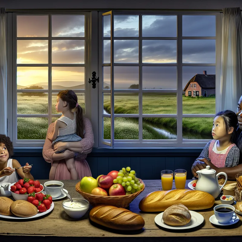 Een rustige ochtendscene in een gezellige keuken met een gezin dat samen ontbijt.