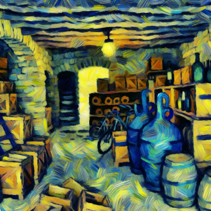 Een gezellige, ondergrondse kelder vol met dozen, potten en fietsen, met een trap naar boven.