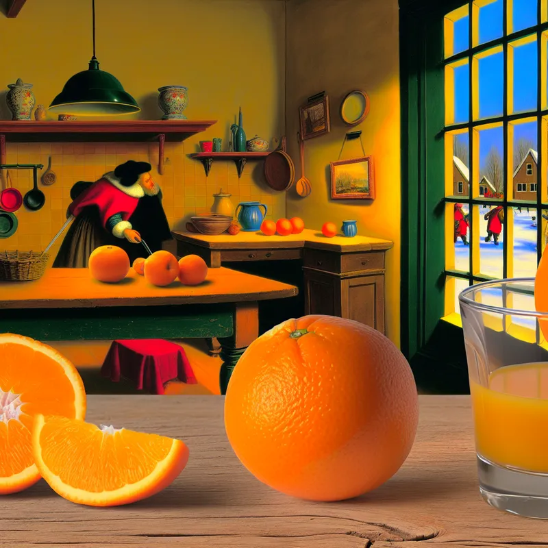 Vibrant still-life of oranges and juice in a traditional Dutch kitchen