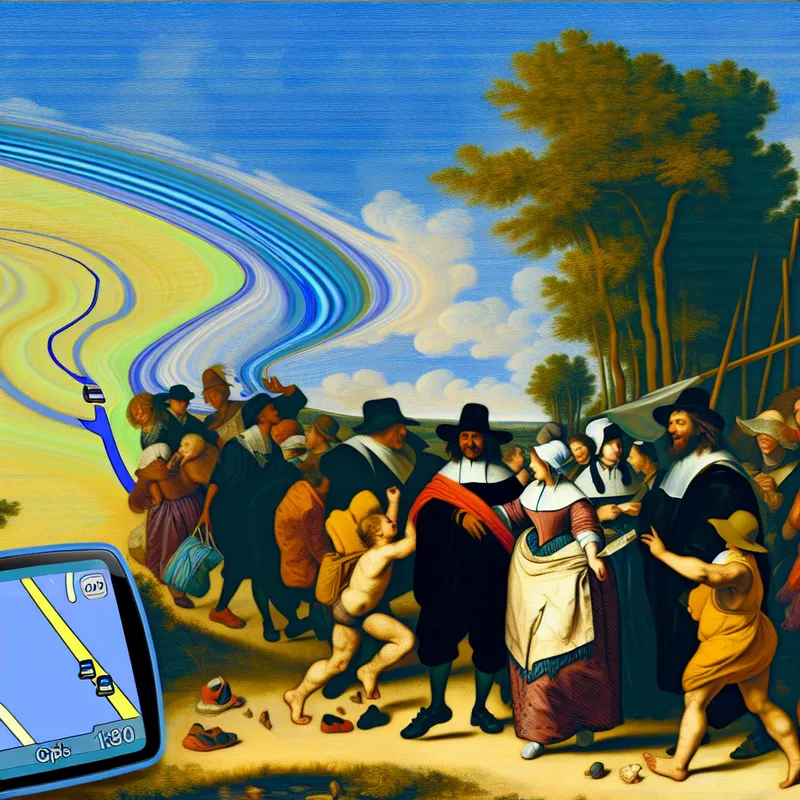 Groep mensen die een schilderachtig pad door het platteland volgen naar het strand, met een GPS-apparaat dat de beste route toont.