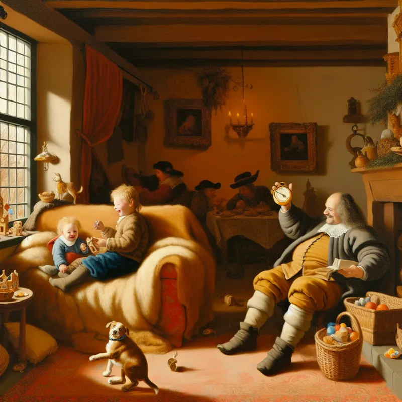 Een persoon zit comfortabel op een zachte bank in een gezellige woonkamer, omringd door leuke karakters, waaronder een kind dat met speelgoed speelt en een huisdier dat relax.