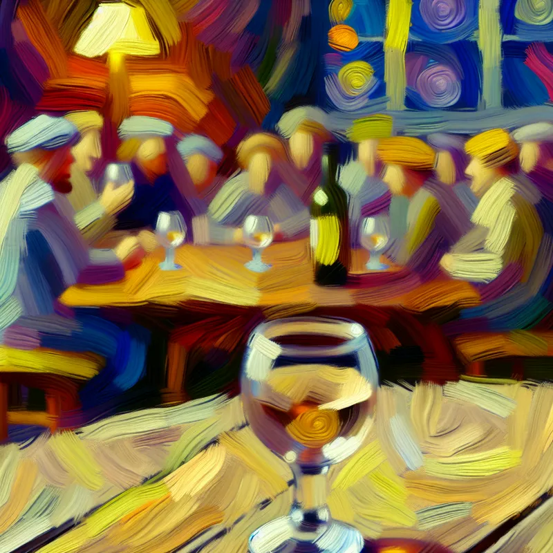 Een klein wijnglas op een houten tafel omringd door vrienden die ook kleine glazen vasthouden in een sfeervolle kamer.