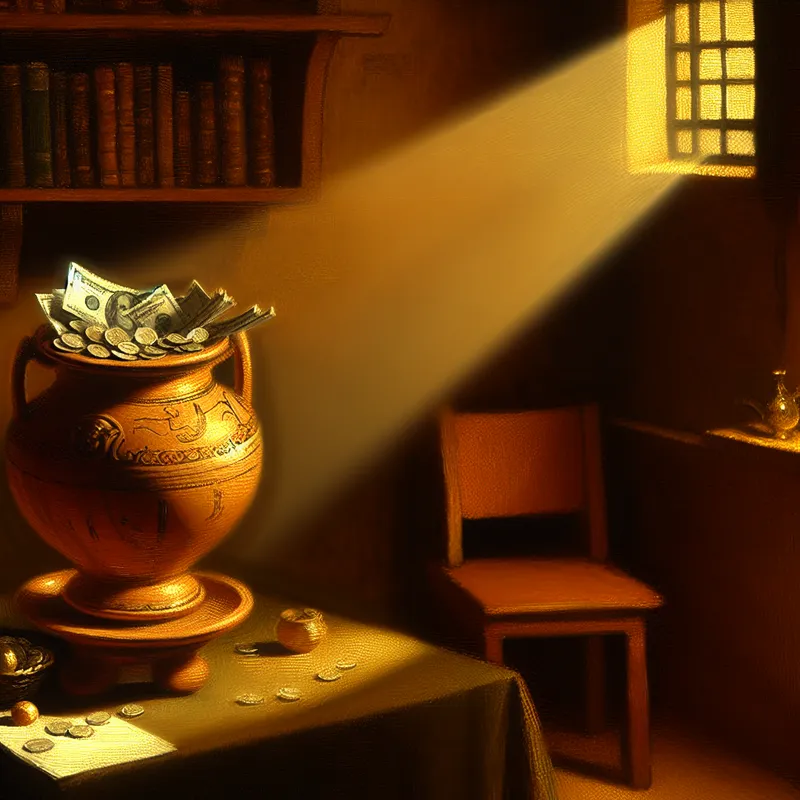 Warmly lit interior of a cozy home featuring a jar of coins and notes representing savings growth.