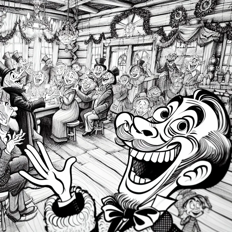 Kleurrijke cartoon van een gezellige indoor feestavond met levendige personages die lachen en praten, benadrukkend een warme en uitnodigende sfeer