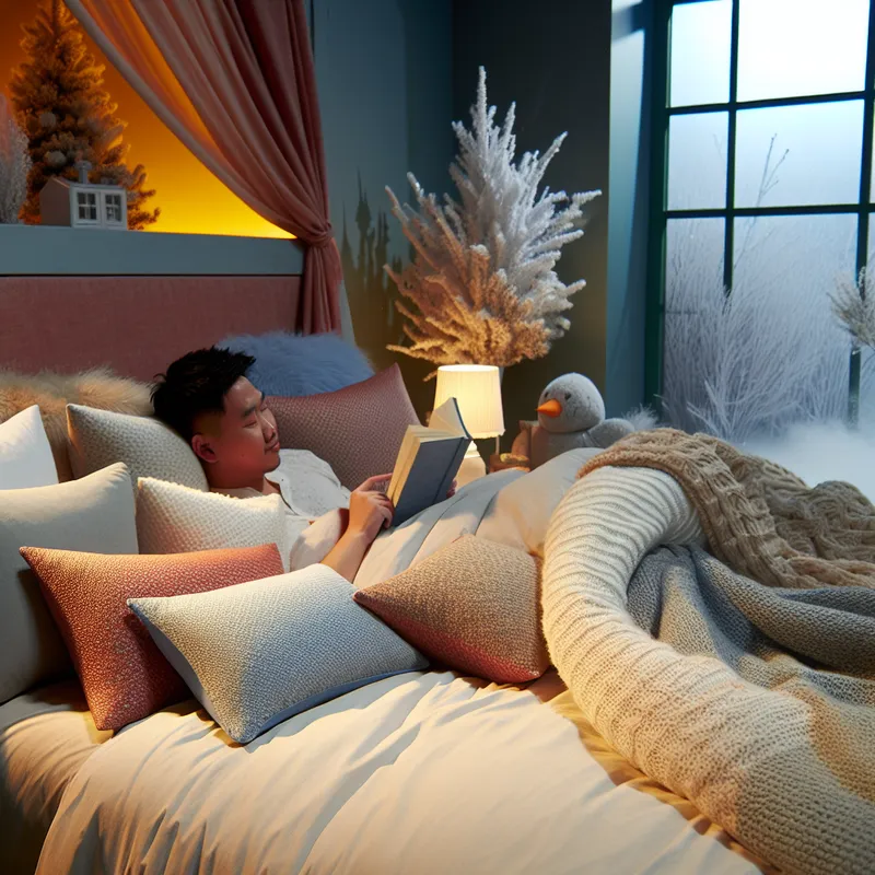 Een gezellig slaapkamer tafereel met een opgemaakt bed, fluffy kussens en warme dekens, terwijl iemand ontspant en een boek leest.