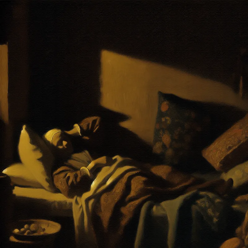 Een persoon liggend in bed, diep in slaap omringd door zachte kussens en dekens