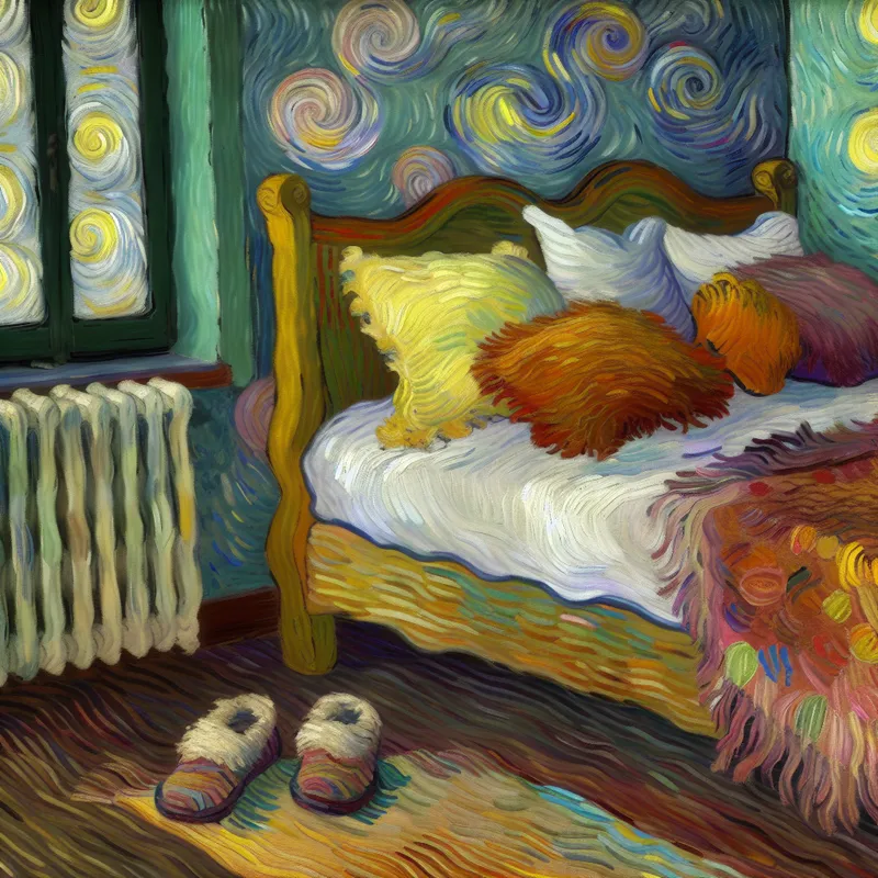 Een gezellige slaapkamer in de stijl van Vincent van Gogh met een uitnodigend bed