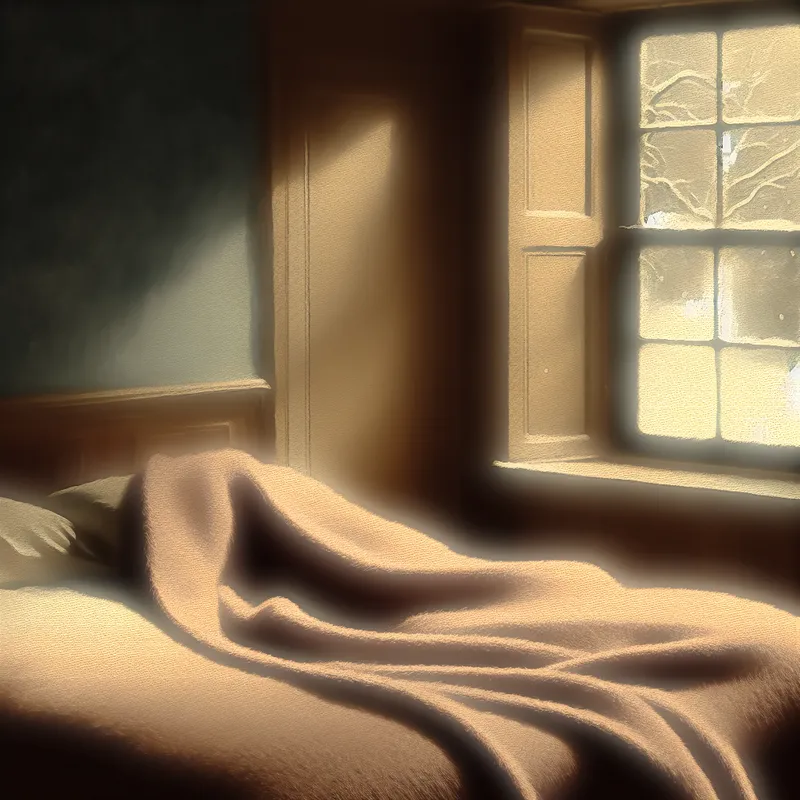 Een serene slaapkamer met een gezellig bed, bedekt met een warme deken, lichteffecten en sneeuw buiten.