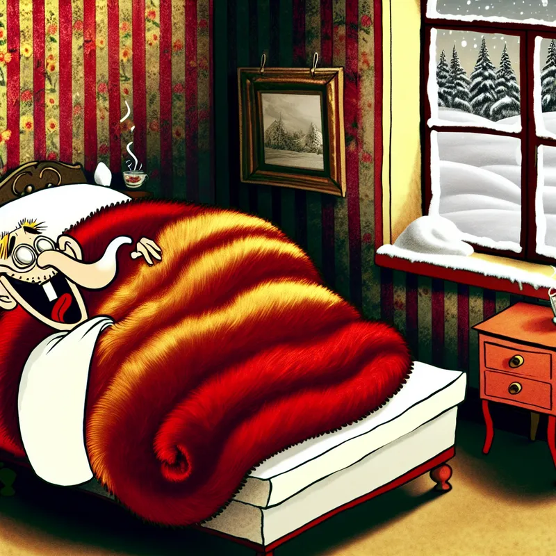 Een cartoonachtige tekening van een gezellige slaapkamer in de winter met een personage dat onder een warme deken kruipt.
