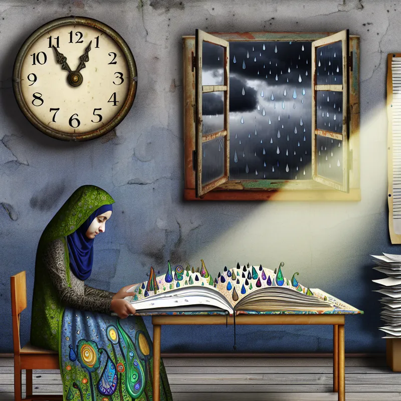 Een jonge student leest een kleurrijk boek in een gezellige kamer met regendruppels buiten.