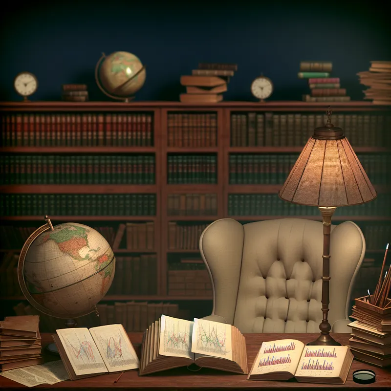 Een gezellige studeerkamer met open boeken, een globe en een comfortabele fauteuil, die een sfeer van scholarly onderzoek uitstraalt.