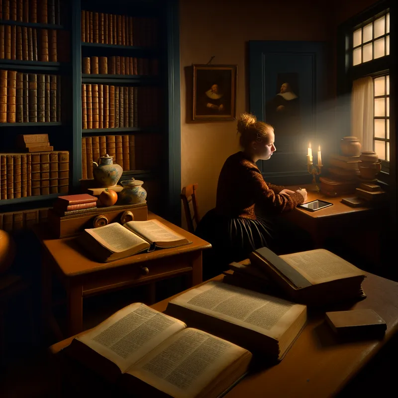 Een jonge vrouw in een gezellig studeerkamer, verdiept in een tablet, omringd door boeken en een woordenboek.