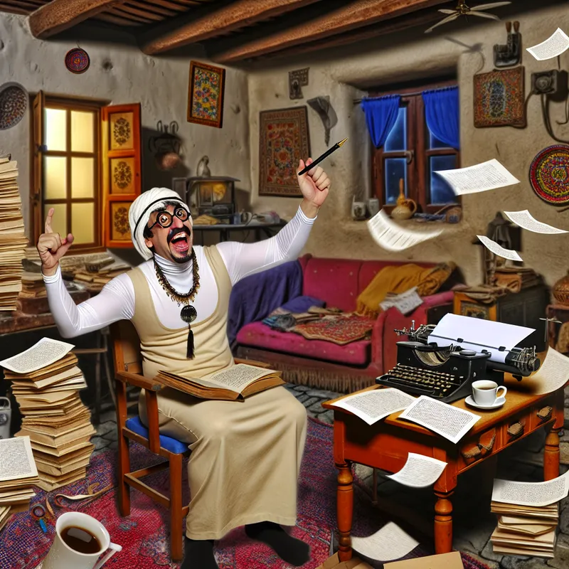 Een persoon in een rommelige studeerkamer houdt een pen vast en wijst op een open boek op een bureau, omringd door boeken en koffie.